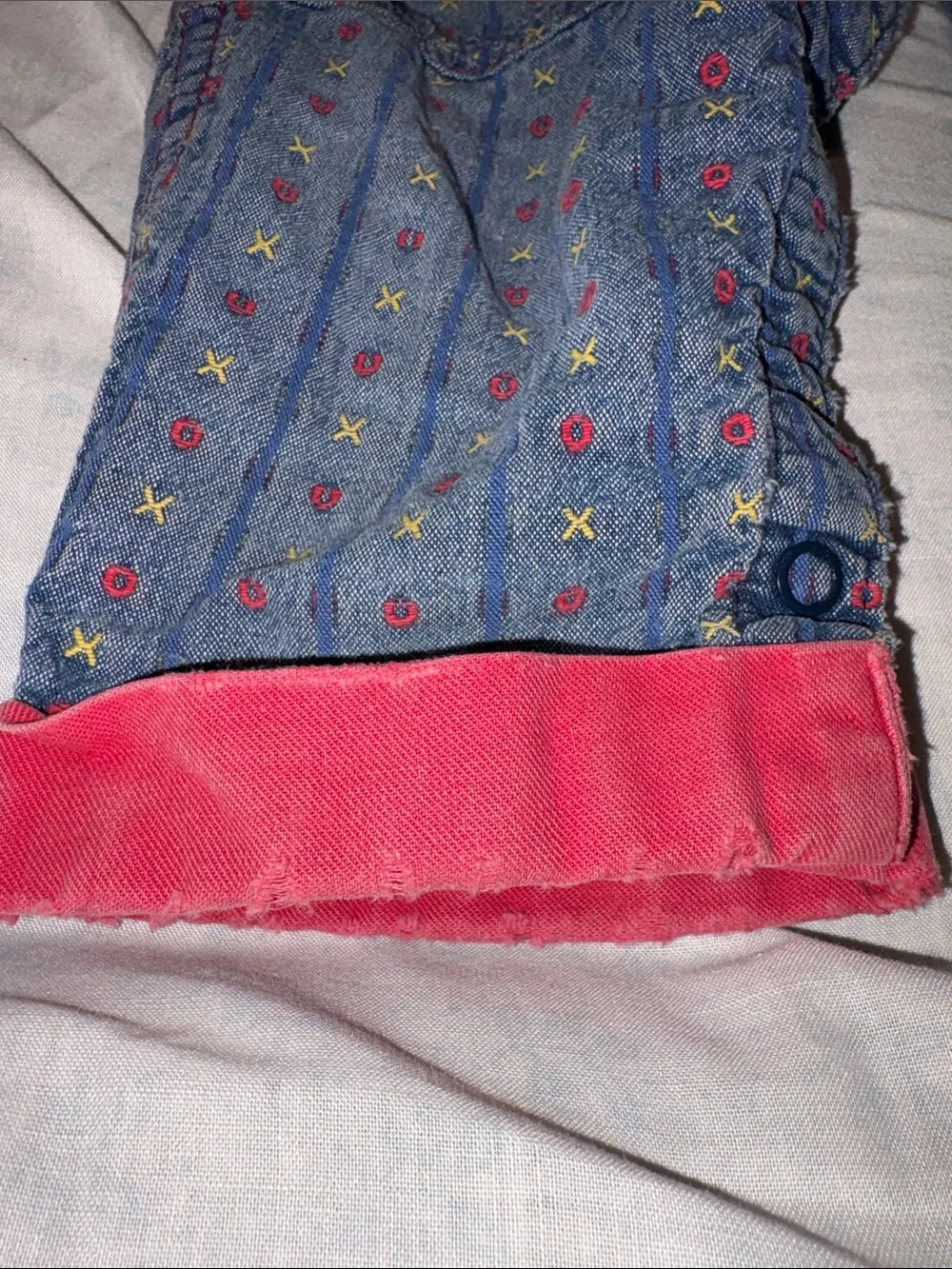 VINTAGE 80s OshKosh B'gosh Blue/Red Denim TIC TAC TOE Print Overalls 100 cotton